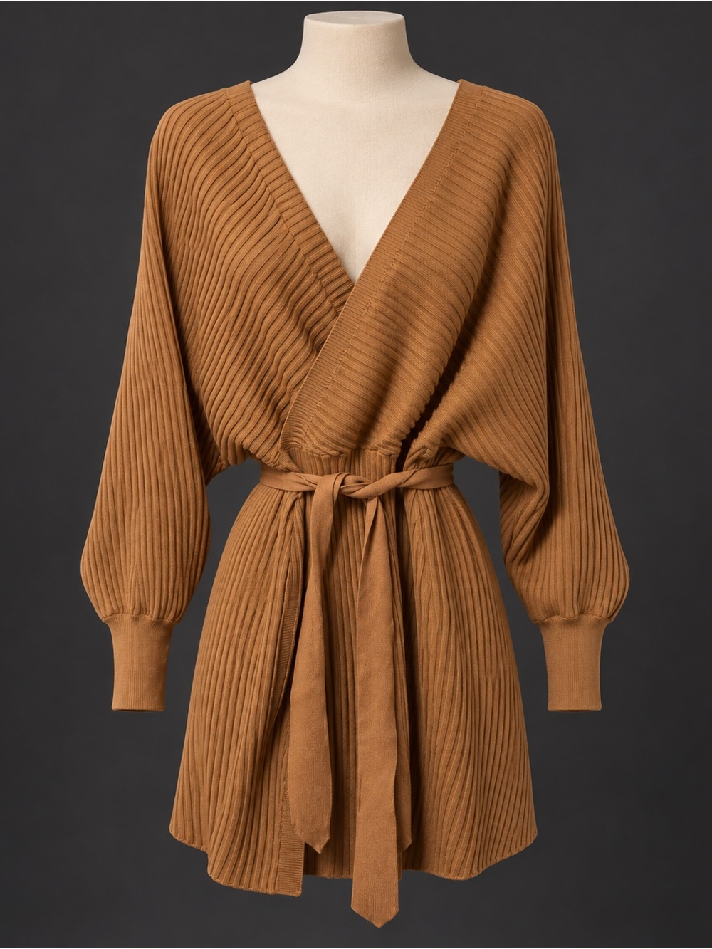 Tan Ribbed Wrap Sweater Dress 1X/2X